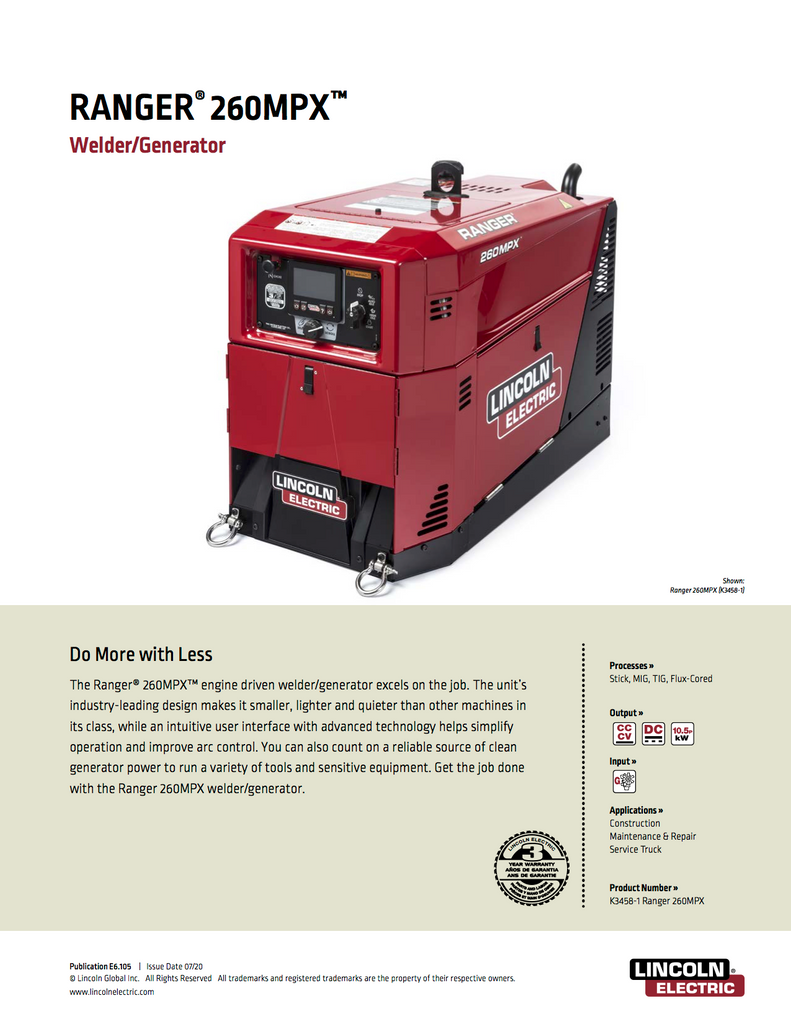 Lincoln Ranger 260MPX Welder/Generator Spec Sheet with details and accessories