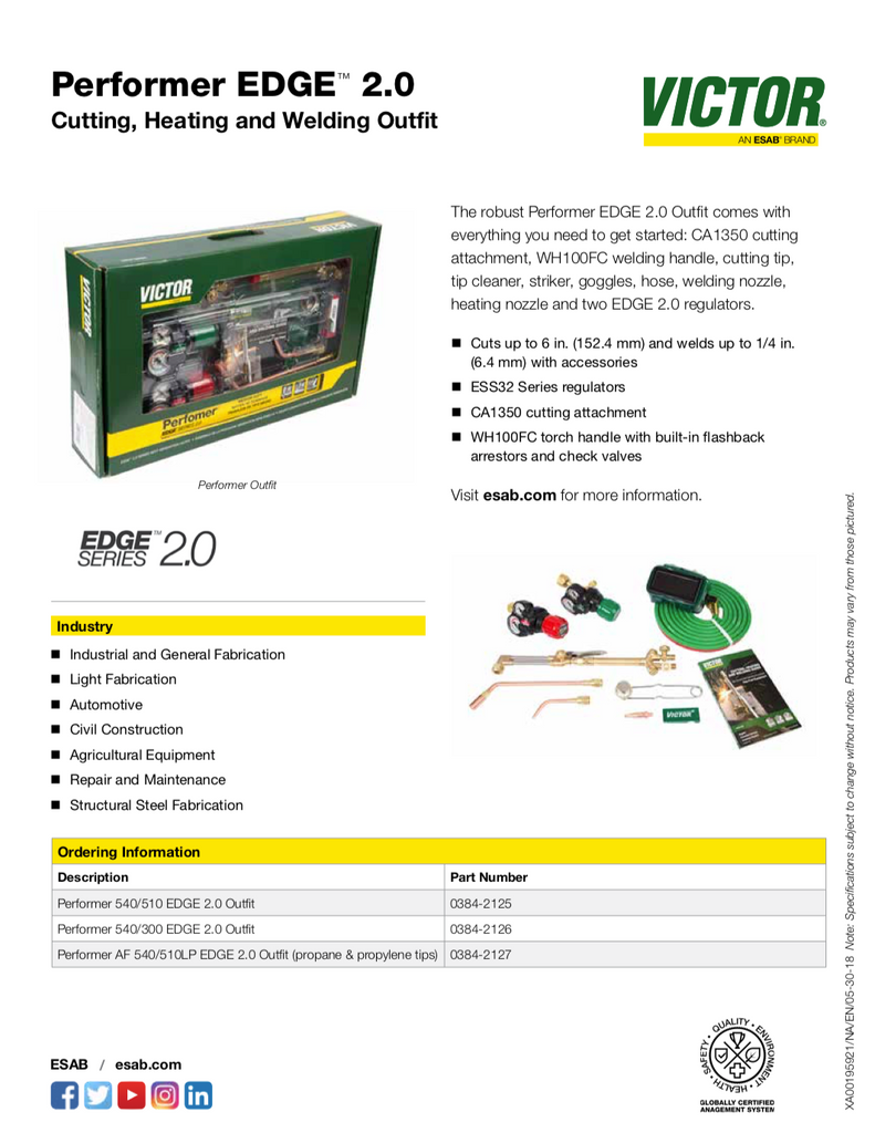 Victor Performer Edge 2.0 Spec Sheet