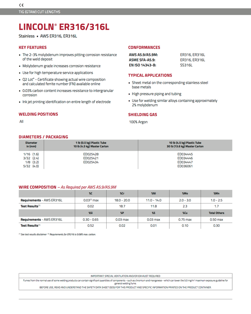 Lincoln ER316/316L TIG Rod Spec Sheet